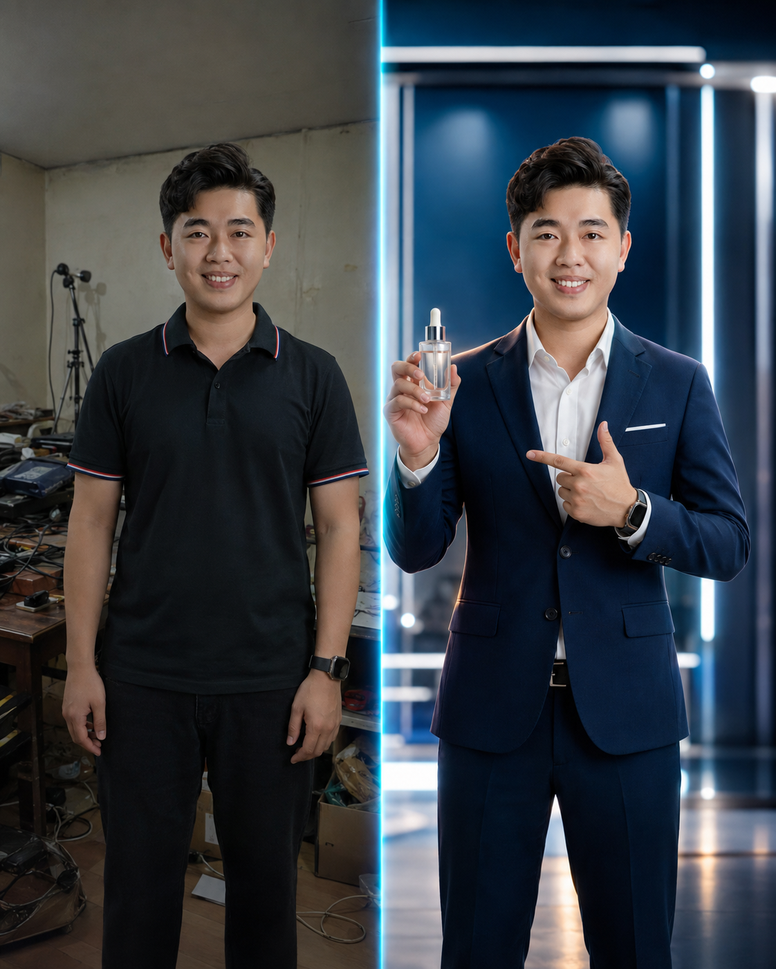 Tiêu Sang từ bối cảnh quay thiếu sáng trở thành phiên bản AI mặc vest, cầm sản phẩm review trong studio chuyên nghiệp